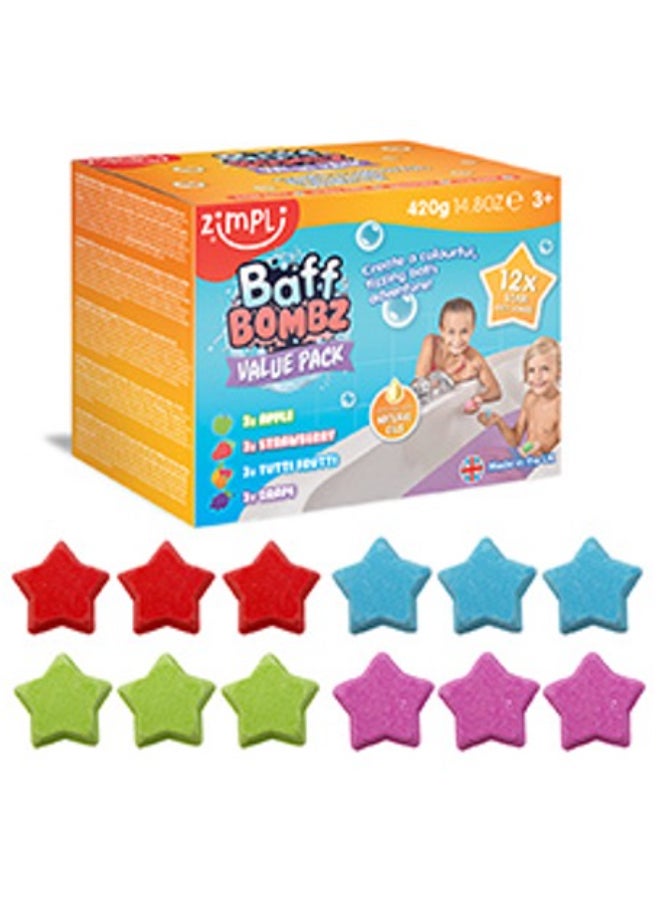 Zimpli Kids STAR BAFF BOMBZ Value Pack, 420 g, 12 Star-Shaped Fizzing Bath Bombs, Colour Changing Bath Time Fun, Skin Safe, Drain Safe, Easy Clean, Stain Free, UK Made - Image 1