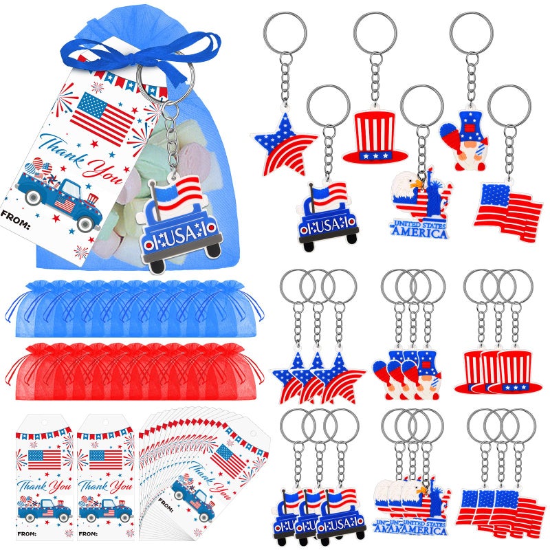 Trnayi 250 Years Anniversary American Independence Day Gifts for Boy 4th of July Keychain Gift Set Gift Tags USA Organza Bags for Fourth of July Key Chain Classroom Reward National Day Gifts - Image 2