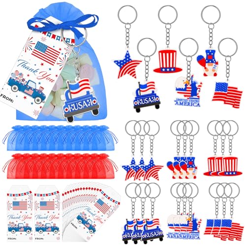 Trnayi 250 Years Anniversary American Independence Day Gifts for Boy 4th of July Keychain Gift Set Gift Tags USA Organza Bags for Fourth of July Key Chain Classroom Reward National Day Gifts - Image 1