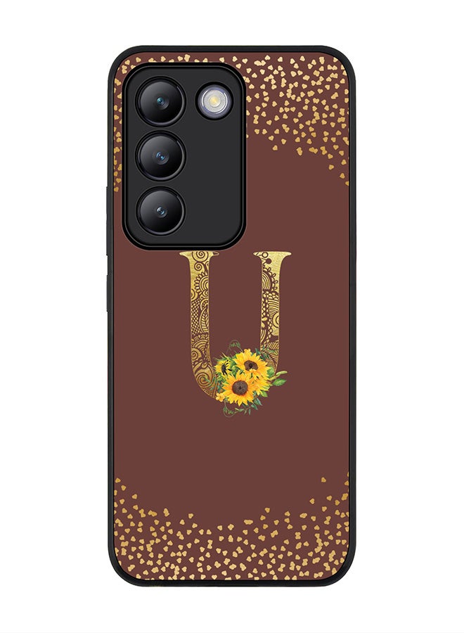 Stylizedd Rugged Black edge case for Vivo V30 Lite 5G, Flexible Cover -  Custom Monogram Initial Letter Mandala Floral Pattern Alphabet - U  (Brown ) - Image 1