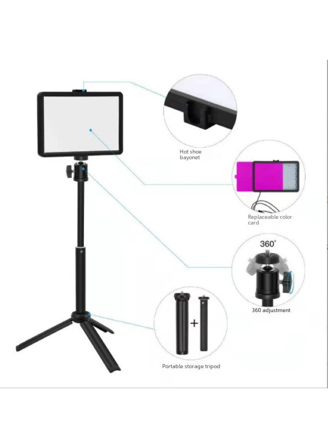 بقعة LED ضوء لوحة مسطحة حية درجة حرارة لون مزدوجة مع 4 ألوان صوت اهتزاز للفيلم تصوير فوتوغرافي مباشر للأغذية، ملء الفيديو، لون مصدر الضوء: مصباح واحد، عصا سيلفي واحدة، حامل ثلاثي صغير، حامل ثلاثي ال - Image 4