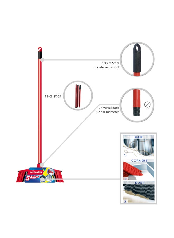 Vileda 3action Indoor  Broom With 3-Piece Handle, Three Different Types Of Fibers, Powerful Bristle, Versatile Rubber Broom, Lightweight, Red & Black, 30 x 6 x 139 - Image 4