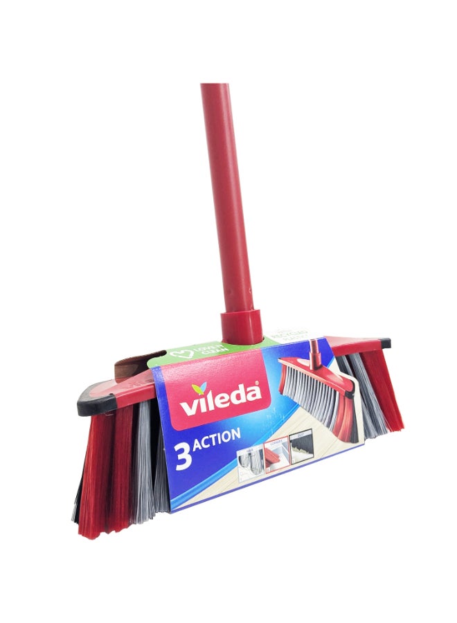 Vileda 3action Indoor  Broom With 3-Piece Handle, Three Different Types Of Fibers, Powerful Bristle, Versatile Rubber Broom, Lightweight, Red & Black, 30 x 6 x 139 - Image 2