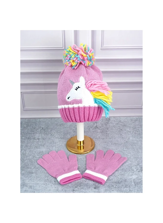 LITTLE SURPRISE BOX Muave Frill Unicorn Winter Cap Beanie & matching Gloves2 pcs set3yrs- 8yrs