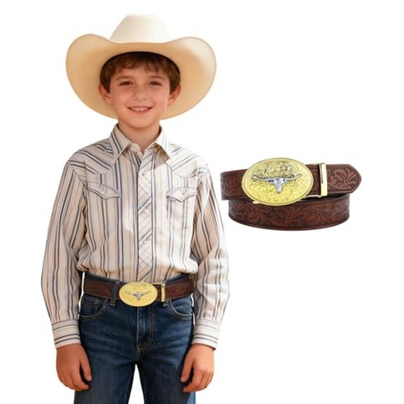 AWAYTR Ratchet Western Belt - PU Leather Cowboy Belt Adjustable Toddler to Big Kid Sizes for Jeans - Image 1