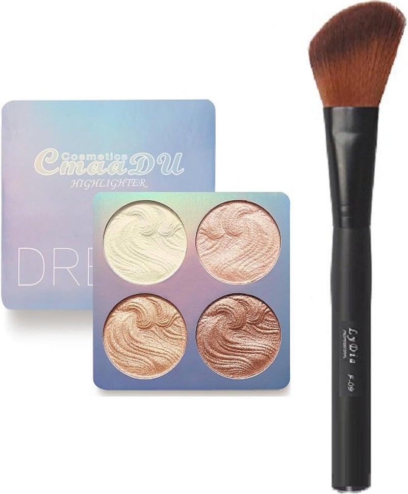 4 Colours Baked Powder Highlighter n Bronzing Face Contour Palette LyDia Black Angled Face Blusher Highlighter Bronzer Contour Blending Makeup Brush F09