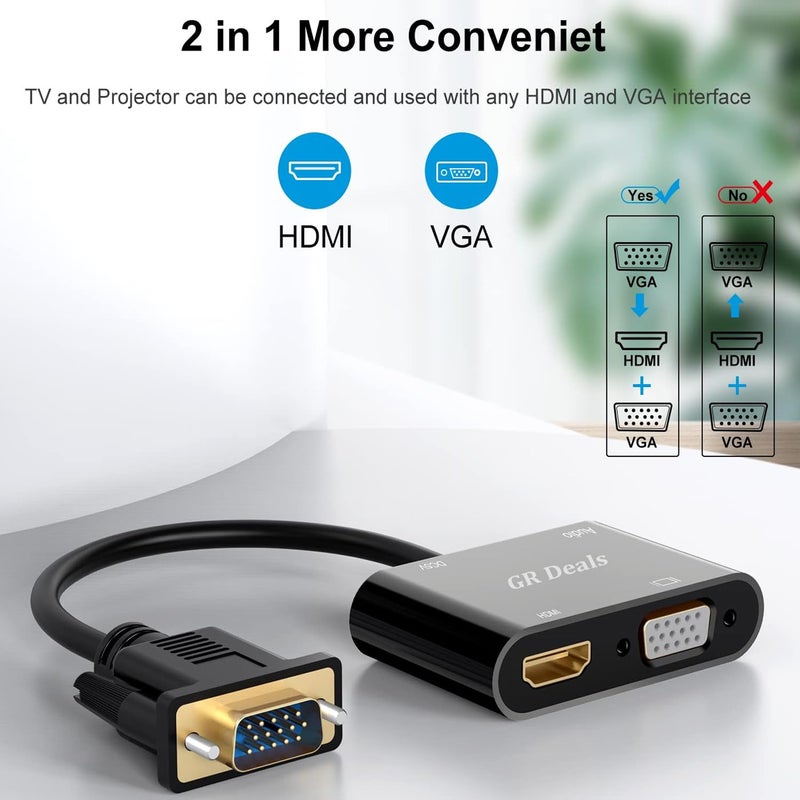 GR Deals VGA to HDMI VGA Adapter, 15 Pin to HDMI with Audio Micro Power Adapter Converter Male to Female Cable Adapter for Computer, Desktop, Laptop, PC, Monitor, Projector.(1 in 2 Out)(Black) - Image 3
