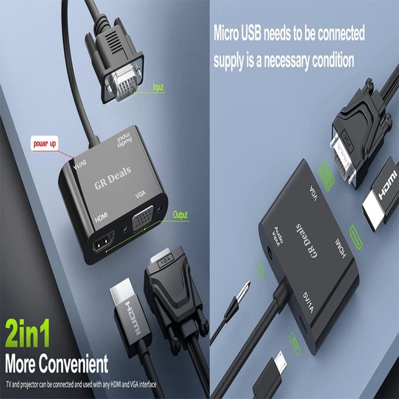 GR Deals VGA to HDMI VGA Adapter, 15 Pin to HDMI with Audio Micro Power Adapter Converter Male to Female Cable Adapter for Computer, Desktop, Laptop, PC, Monitor, Projector.(1 in 2 Out)(Black) - Image 5