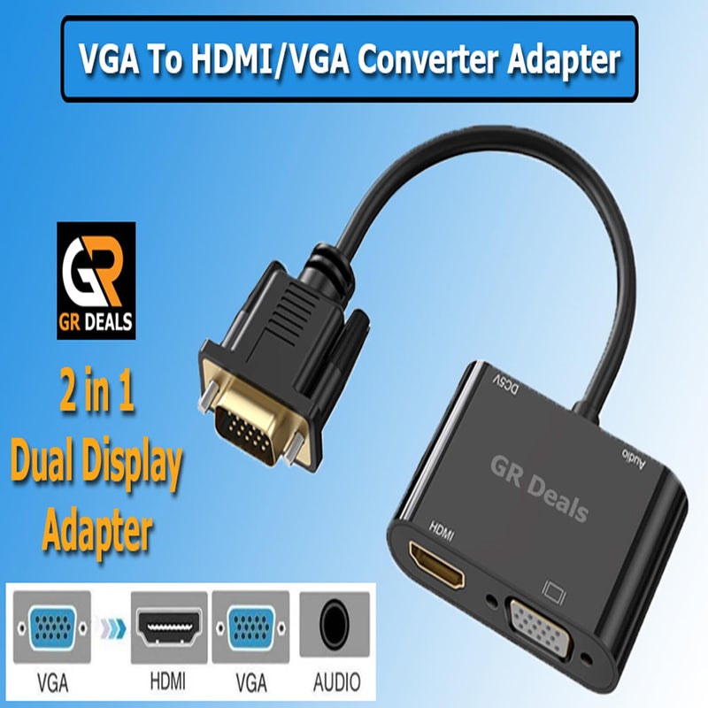 GR Deals VGA to HDMI VGA Adapter, 15 Pin to HDMI with Audio Micro Power Adapter Converter Male to Female Cable Adapter for Computer, Desktop, Laptop, PC, Monitor, Projector.(1 in 2 Out)(Black) - Image 2