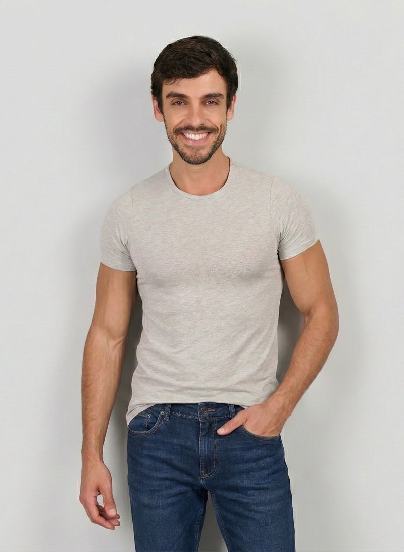 Dice Men's Basic Crew Neck T-Shirt, Slim Fit, Short Sleeve, Cotton Lycra - Grey - Image 3