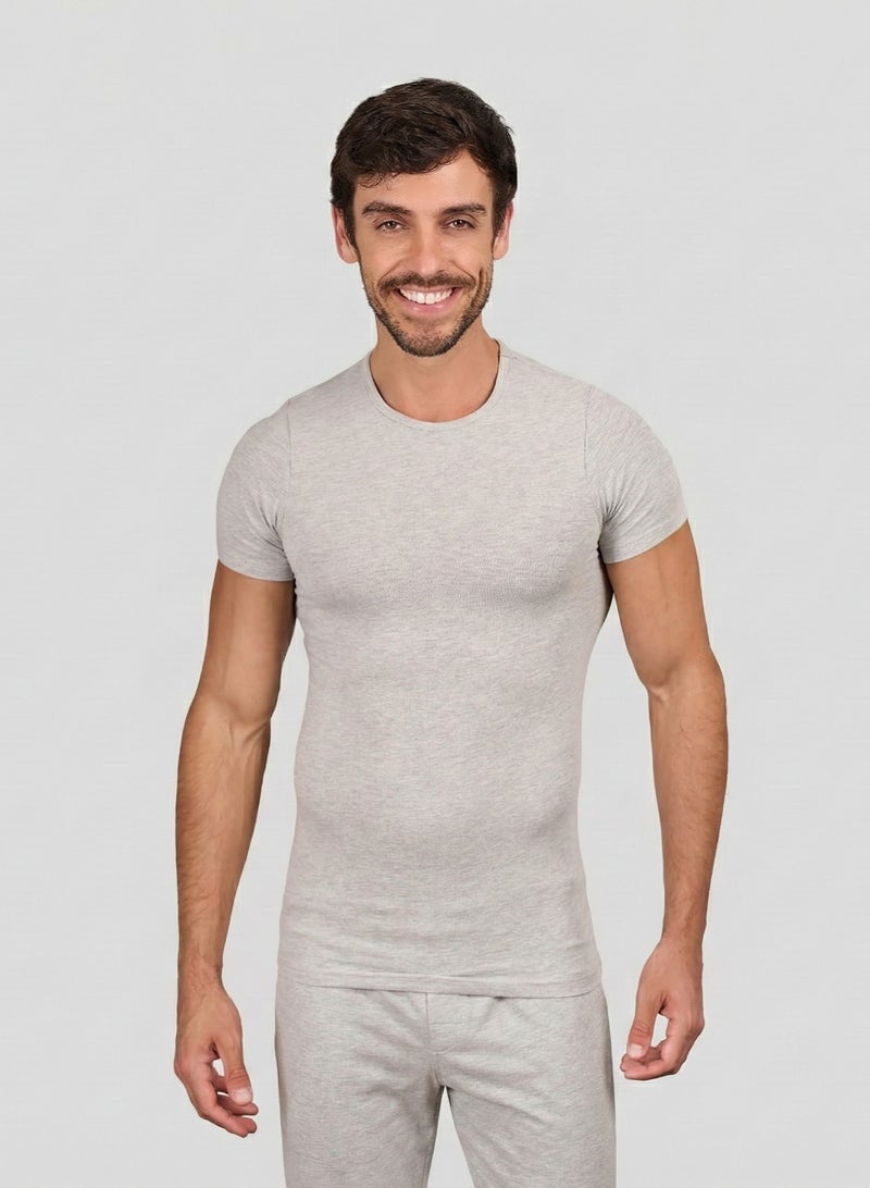 Dice Men's Basic Crew Neck T-Shirt, Slim Fit, Short Sleeve, Cotton Lycra - Grey - Image 1