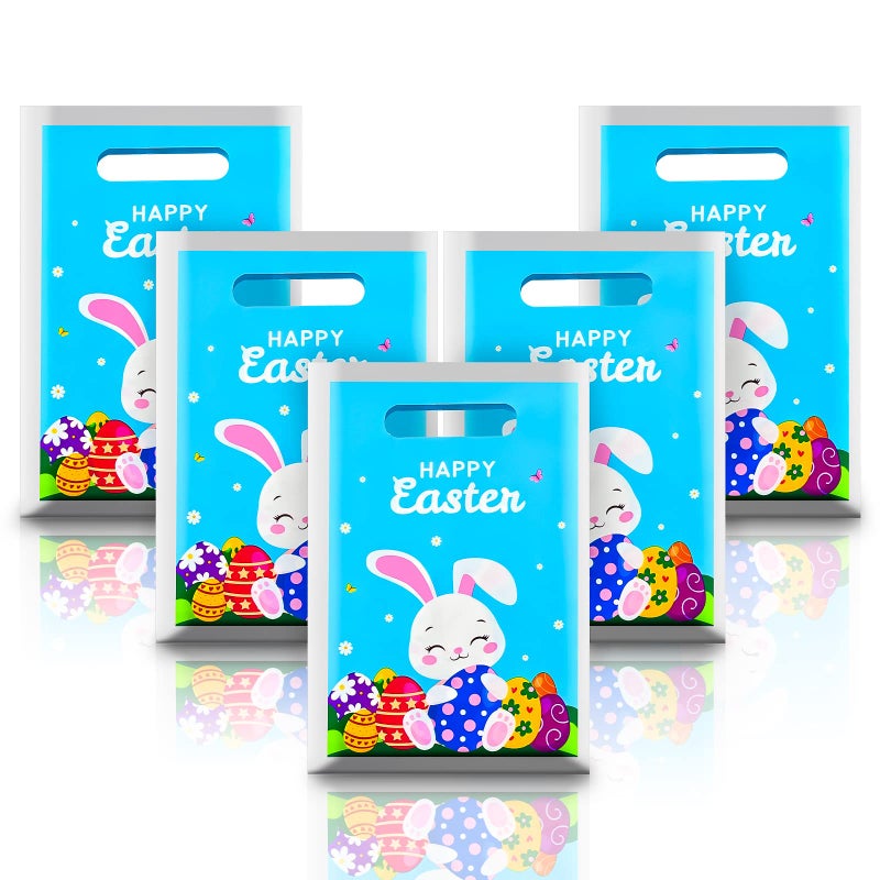 PERFQU 40 Pcs Happy Easter Gift Bags with handles Spring Bunny Plastic Tote Bags Blue Reusable Snack Treat Goody Candy Bag Easter Cute Rabbit Party Favor Bags for Kids Eggs Hunt Party Supplies