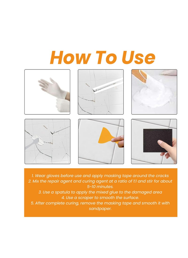 Excefore - White Porcelain Repair Kit, 2 Pcs Porcelain Stone Repair Kit with Scraper, Small Spoon, Transparent Gloves, Masking tape, Sandpaper, Fiberglass Tub Repair Kit for Sink, Shower, Countertop - Image 1