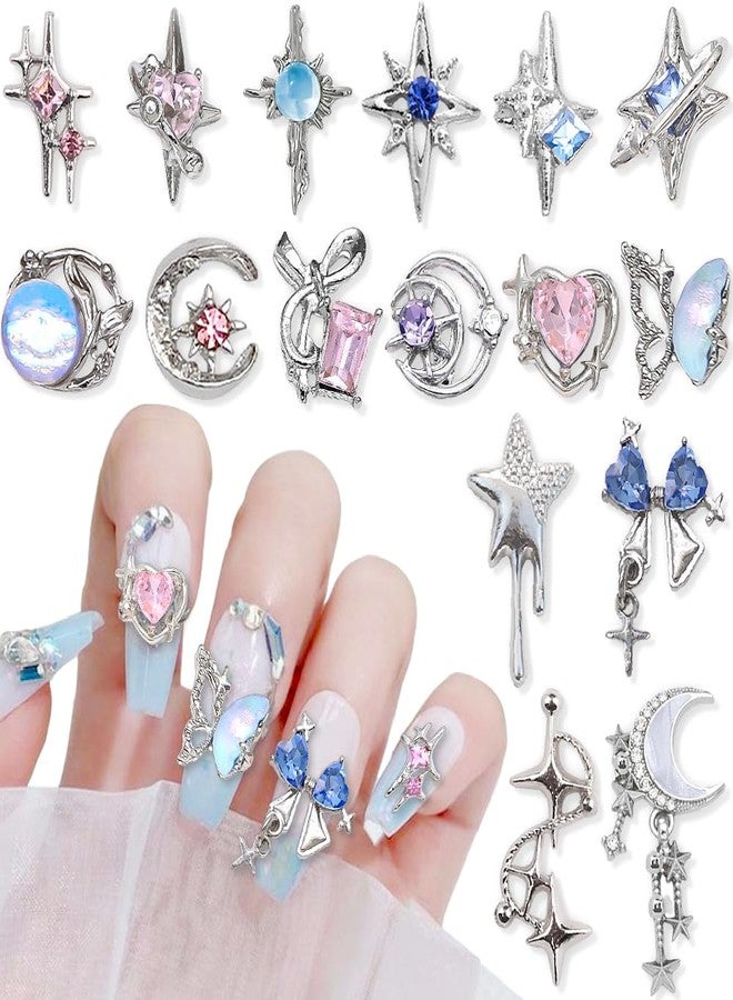 JALIYA 16 Styles Luxury Moon Star Nail Charms for Acrylic Nails Alloy Rhinestone Star Moon Nail Art Charms 3D Bow Butterfly Silver Nail Charms Y2k Nail Accessories Metal Nail Jewels for Nail Art Supplies - Image 1