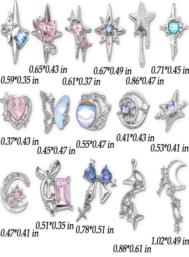 JALIYA 16 Styles Luxury Moon Star Nail Charms for Acrylic Nails Alloy Rhinestone Star Moon Nail Art Charms 3D Bow Butterfly Silver Nail Charms Y2k Nail Accessories Metal Nail Jewels for Nail Art Supplies - Image 2