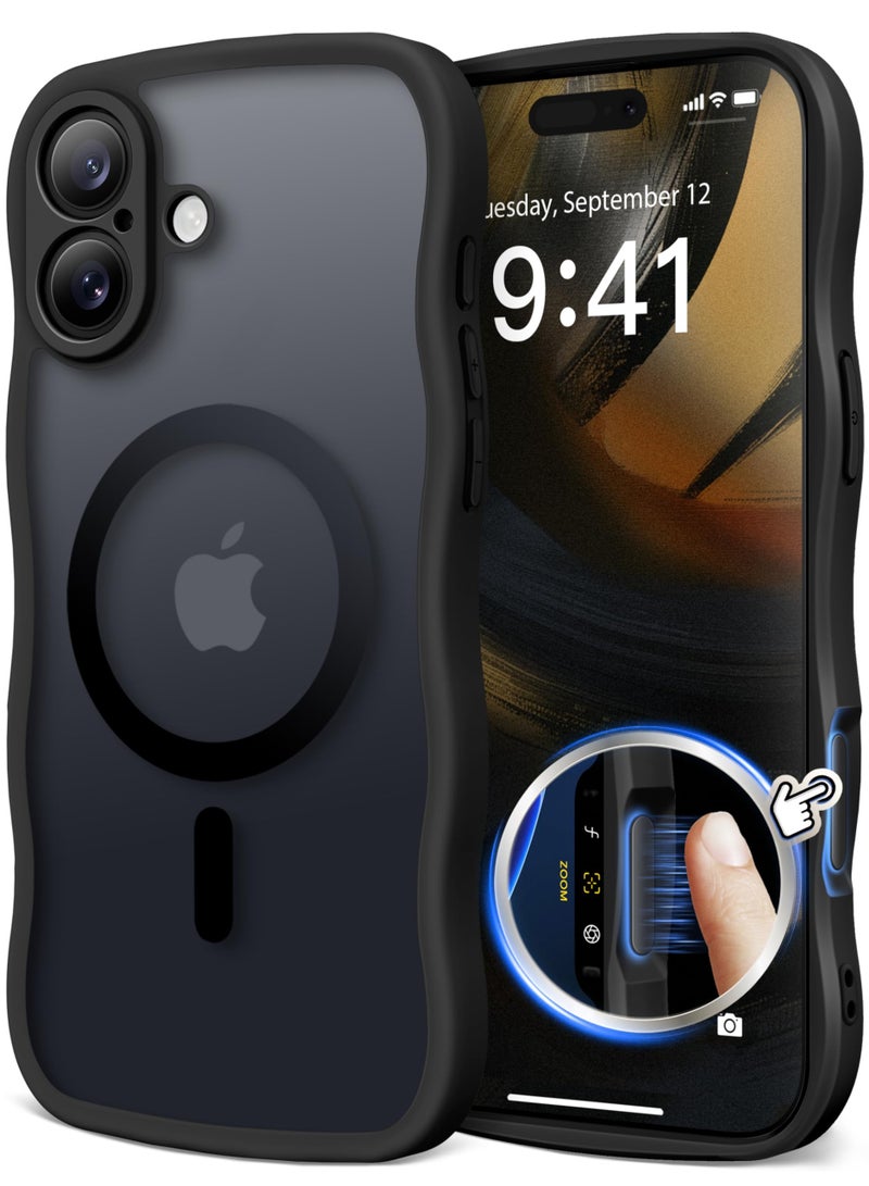 كبرارو جراب iPhone 16 للنساء والفتيات، مُحسّن [حماية كاملة للكاميرا] [متوافق مع MagSafe] جراب هاتف شفاف غير لامع لطيف مموج لهاتف iPhone 16، أسود - Image 1