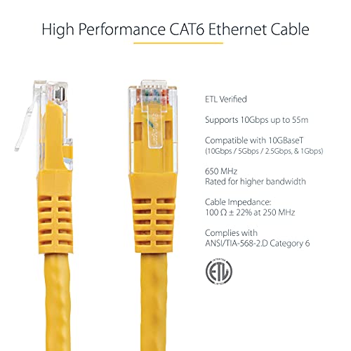 StarTech.com 35ft CAT6 Ethernet Cable - Yellow CAT 6 Gigabit Ethernet Wire -650MHz 100W PoE++ RJ45 UTP Molded Category 6 Network/Patch Cord w/Strain Relief/Fluke Tested UL/TIA Certified (C6PATCH35YL) - Image 3
