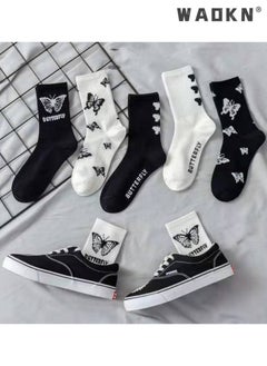 WAOKN Casual Cotton Socks 6 Pairs Butterfly Print Long Socks Comfortable Breathable Funny Socks Athletic Socks for Women Girls,Casual Cotton Stretchy Novelty Socks,Casual Socks-Perfect for Everyday Wear  - Image 1