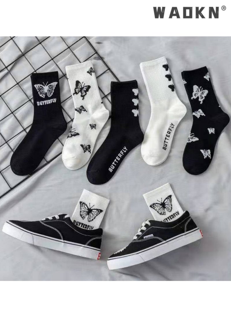 WAOKN Casual Cotton Socks 6 Pairs Butterfly Print Long Socks Comfortable Breathable Funny Socks Athletic Socks for Women Girls,Casual Cotton Stretchy Novelty Socks,Casual Socks-Perfect for Everyday Wear  - Image 1