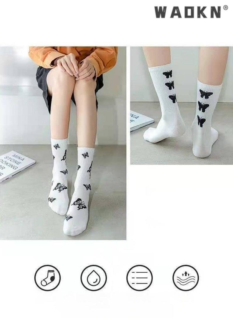 WAOKN Casual Cotton Socks 6 Pairs Butterfly Print Long Socks Comfortable Breathable Funny Socks Athletic Socks for Women Girls,Casual Cotton Stretchy Novelty Socks,Casual Socks-Perfect for Everyday Wear  - Image 2