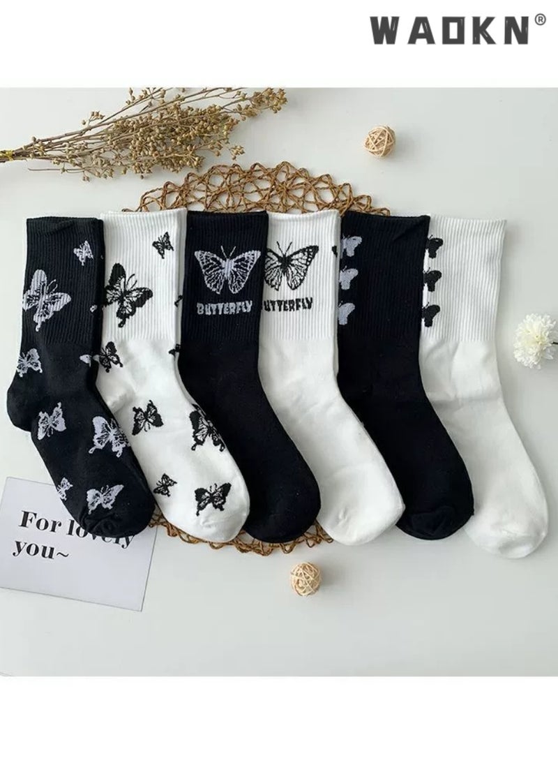 WAOKN Casual Cotton Socks 6 Pairs Butterfly Print Long Socks Comfortable Breathable Funny Socks Athletic Socks for Women Girls,Casual Cotton Stretchy Novelty Socks,Casual Socks-Perfect for Everyday Wear  - Image 4