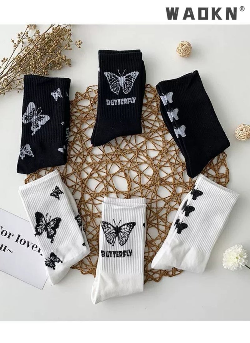 WAOKN Casual Cotton Socks 6 Pairs Butterfly Print Long Socks Comfortable Breathable Funny Socks Athletic Socks for Women Girls,Casual Cotton Stretchy Novelty Socks,Casual Socks-Perfect for Everyday Wear  - Image 3