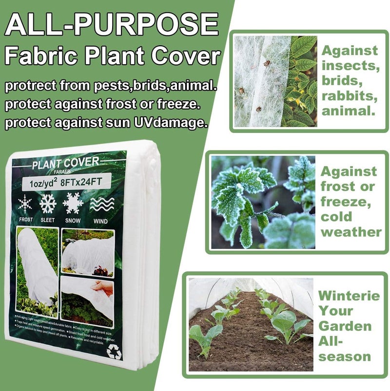 FARAER Plant Covers, 8Ft x 24Ft Reusable Floating Row Cover, 1oz Freeze Protection Plant Blankets for Cold Weather, Garden Winterize Cover for Winter Frost Protection, Thickened 1 oz Garden Quilt Cover - Image 2