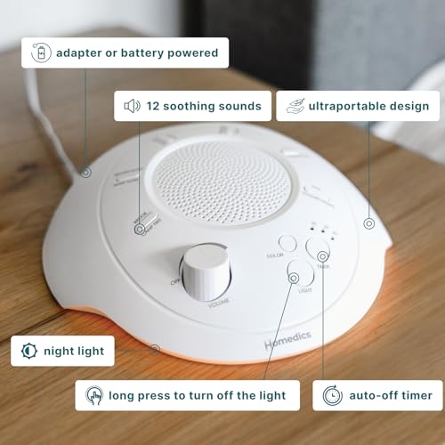 HoMedics جهاز هوميدكس سليب بيتر المحمول لصوت النوم، ضوء ليلي، 12 صوت مهدئ بما في ذلك الضوضاء البيضاء، المطر، وعاصفة رعدية، تصميم فائق الحمل، مؤقت إيقاف تلقائي، مثالي للسفر ونوم الأطفال - Image 4