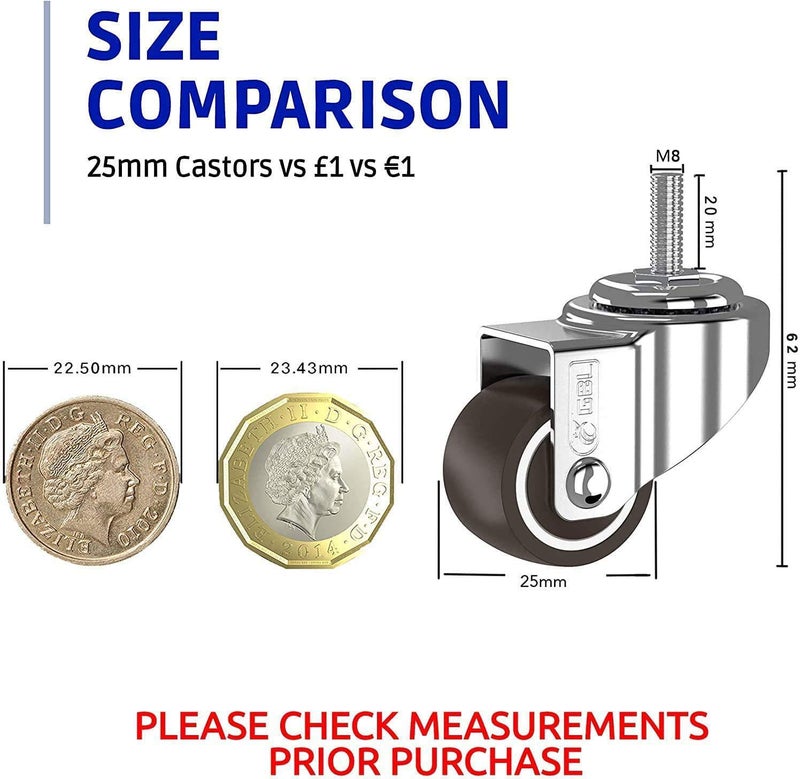 GBL 1" inch Small Caster Wheels with 2 Brakes - 5/16" -18 x 4/5" (Stem Dia. 5/16", Length 4/5") - 90Lbs - Low Profile Castor Wheels with Brakes - Set of 4 No Floor Marks Silent Casters - Mini Wheels - Image 2