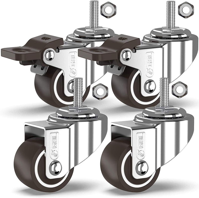 GBL 1" inch Small Caster Wheels with 2 Brakes - 5/16" -18 x 4/5" (Stem Dia. 5/16", Length 4/5") - 90Lbs - Low Profile Castor Wheels with Brakes - Set of 4 No Floor Marks Silent Casters - Mini Wheels - Image 1