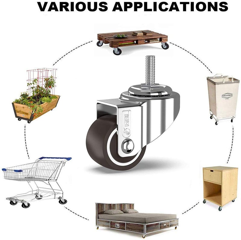 GBL 1" inch Small Caster Wheels with 2 Brakes - 5/16" -18 x 4/5" (Stem Dia. 5/16", Length 4/5") - 90Lbs - Low Profile Castor Wheels with Brakes - Set of 4 No Floor Marks Silent Casters - Mini Wheels - Image 5