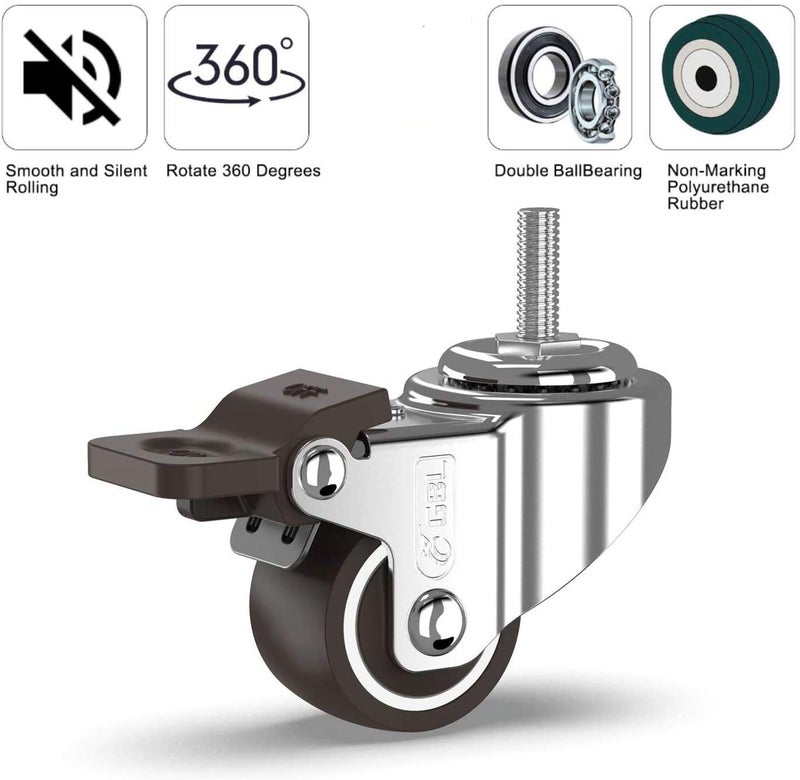 GBL 1" inch Small Caster Wheels with 2 Brakes - 5/16" -18 x 4/5" (Stem Dia. 5/16", Length 4/5") - 90Lbs - Low Profile Castor Wheels with Brakes - Set of 4 No Floor Marks Silent Casters - Mini Wheels - Image 4