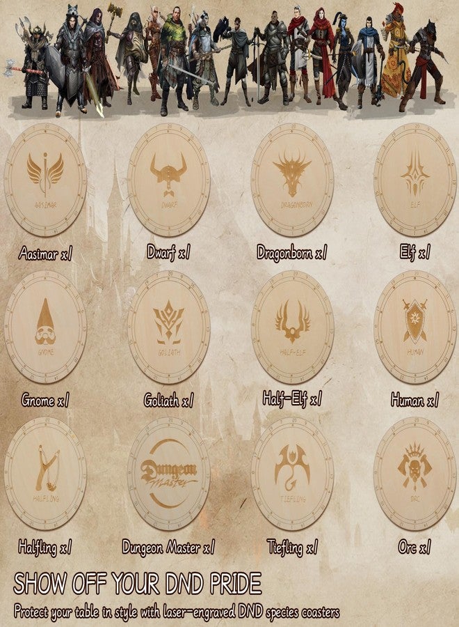 CZYY DND Race Coasters with Tentacle Design Holder, Set of 12 Round Wood Coasters Laser Engraved DND Species Icons, DND Themed Decor & Gift for Dungeon Master - Image 2