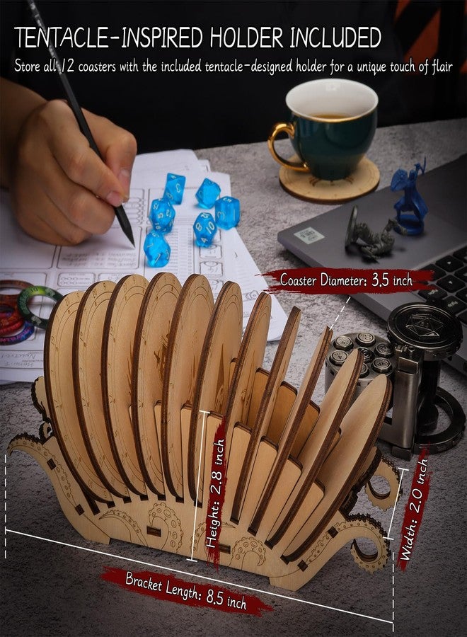 CZYY DND Race Coasters with Tentacle Design Holder, Set of 12 Round Wood Coasters Laser Engraved DND Species Icons, DND Themed Decor & Gift for Dungeon Master - Image 4