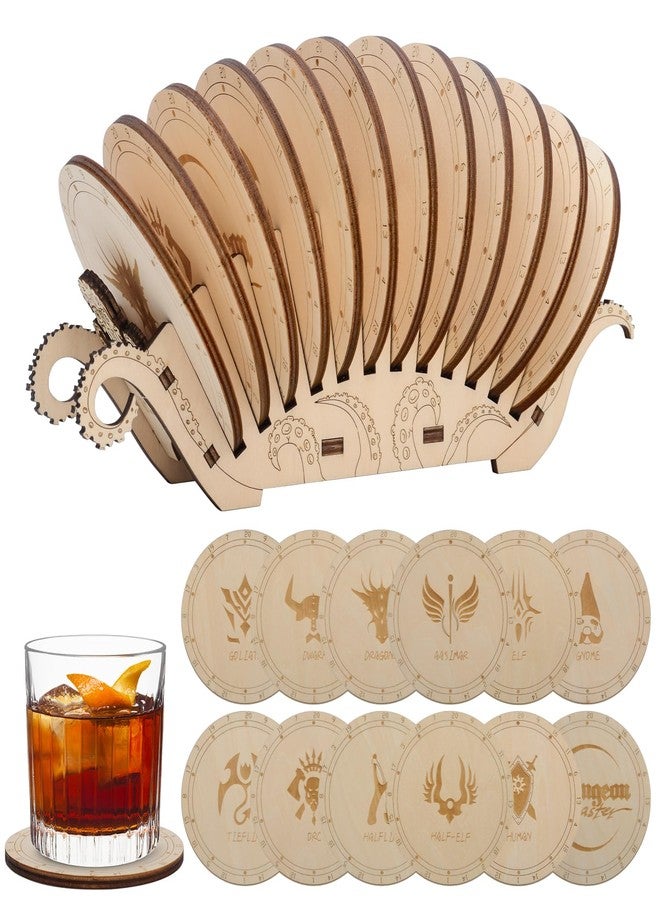 CZYY DND Race Coasters with Tentacle Design Holder, Set of 12 Round Wood Coasters Laser Engraved DND Species Icons, DND Themed Decor & Gift for Dungeon Master - Image 1