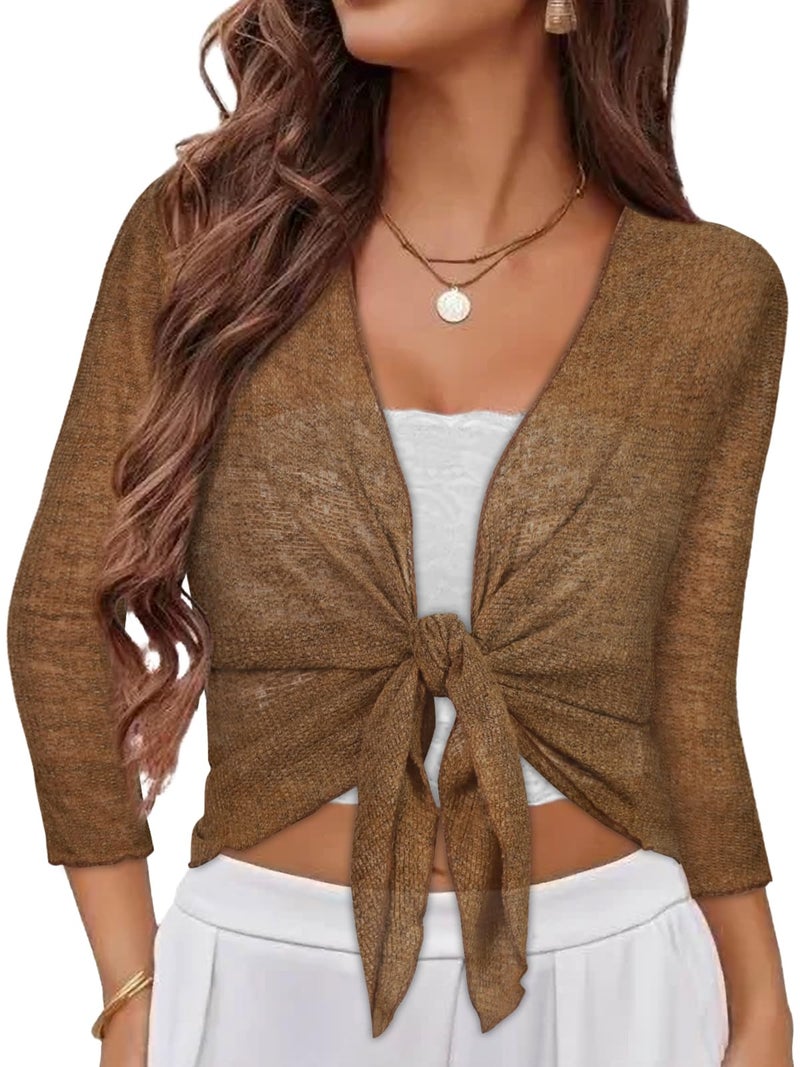 CHICGAL Women Crop Cardigan Sheer Mesh Bolero Shrug for Dress Tie Front 3/4 Sleeve Tops (Coffee,L) - Image 1