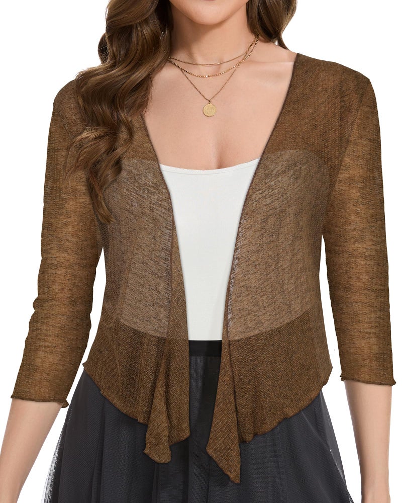 CHICGAL Women Crop Cardigan Sheer Mesh Bolero Shrug for Dress Tie Front 3/4 Sleeve Tops (Coffee,L) - Image 2