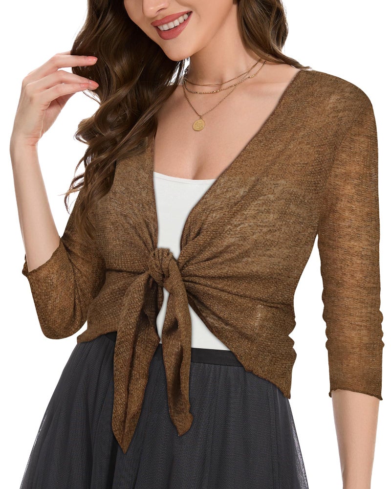 CHICGAL Women Crop Cardigan Sheer Mesh Bolero Shrug for Dress Tie Front 3/4 Sleeve Tops (Coffee,L) - Image 5