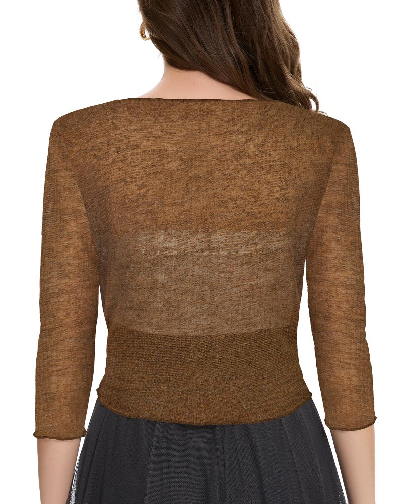 CHICGAL Women Crop Cardigan Sheer Mesh Bolero Shrug for Dress Tie Front 3/4 Sleeve Tops (Coffee,L) - Image 4