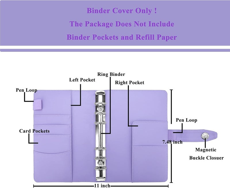 Antner A6 Binder 6 Ring Refillable Notebook Budget Planner for A6 Filler Paper, PU Leather Personal Planner Wallet Money Organizer Cash Stuffing Binder with Magnetic Snap Closure, Purple & White - Image 2