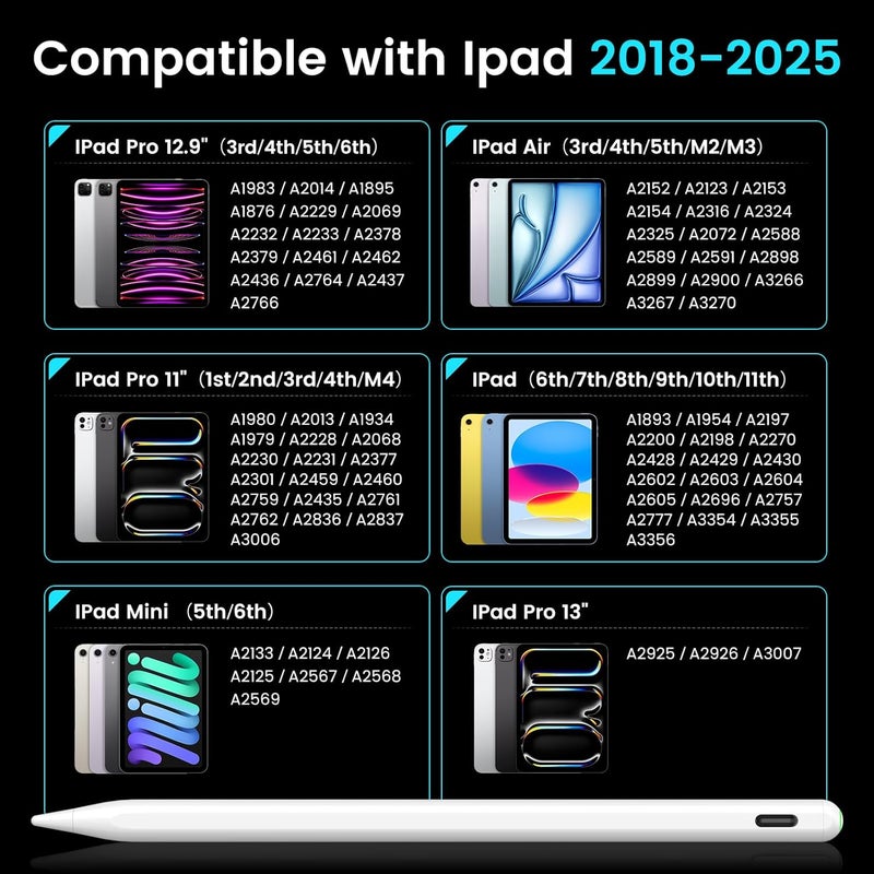 قلم لأجهزة iPad، عمر بطارية 35 ساعة وشحن سريع، حساسية الميل، قلم رفض راحة اليد مغناطيسي متوافق مع iPad 11/10/9/8/7/6 الجيل، Pro 12.9/11/13/M4، Air 3/4/5/M2/M3، Mini 5/6 - Image 3