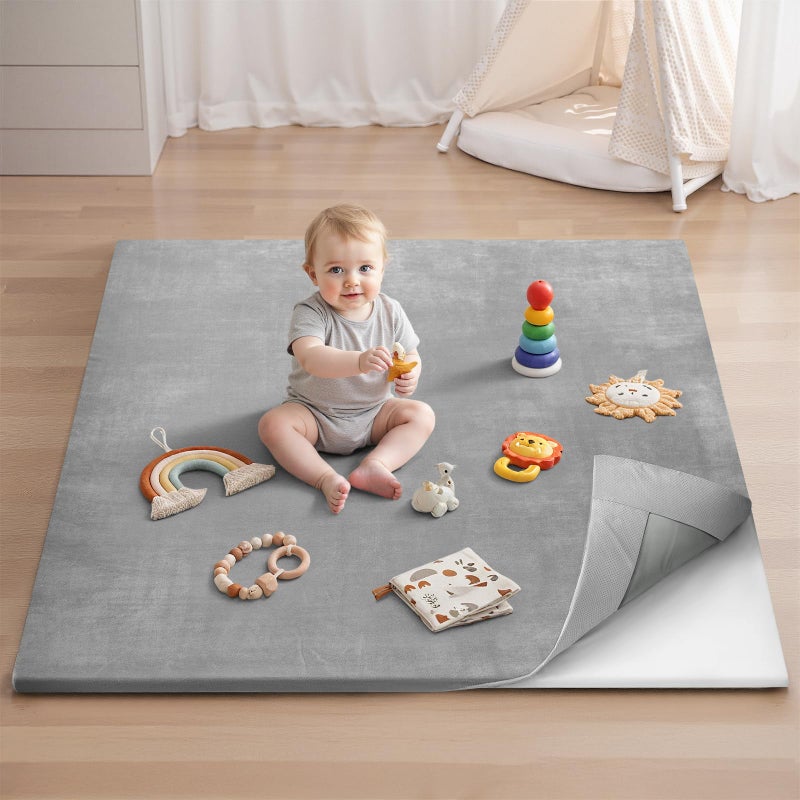 Blissful Diary Ultra Soft Baby Play Mat, 50x50 Floor Mat with Removable & Washable Slip-On Cover for Babies and Toddlers Infants, Light Grey - Image 1