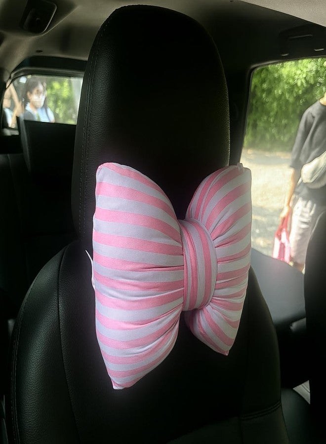 BuleVina Little Pink Bow Pillows Car Decorative 10x9.5 inch, Stripes Shaped Headrest Pillow for Car Cotton Handmade Cushion Striped Case Washable Coquette for Sofa Office Neck Lumbar Aesthetic Room Home Decor - Image 5