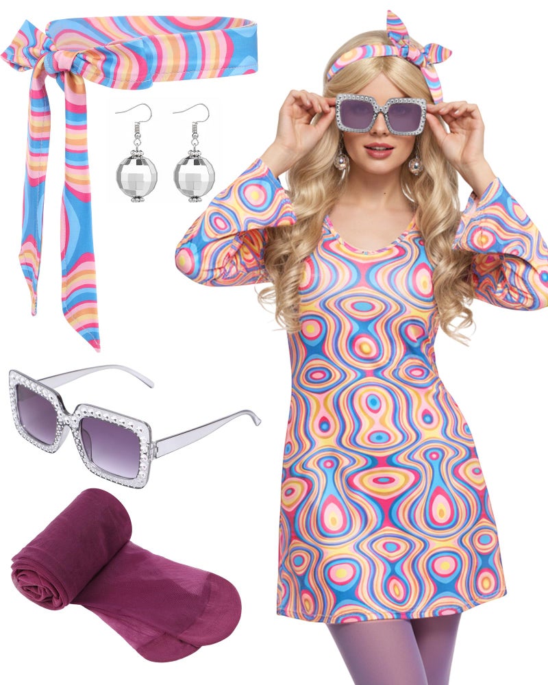 Janmercy 5 Pcs 70s Disco Outfit for Women Hippie Costumes Accessories 70s 80s Halloween Decades Party Cosplay(Medium,Retro) - Image 1