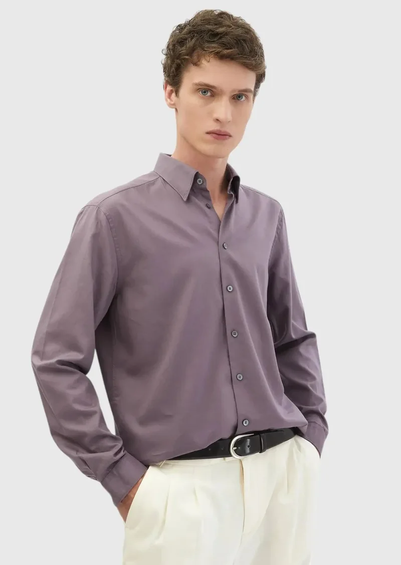 RAMSEY Purple Plain Casual Fit Weaving Casual Cotton Blended Shirt