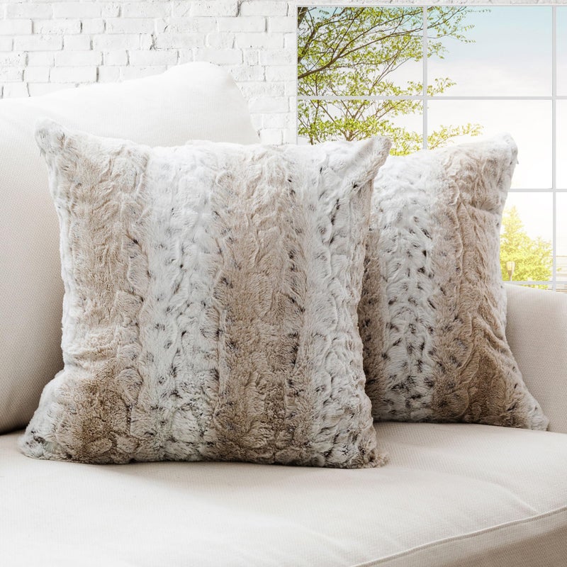 Cheer Collection Faux Fur Throw Pillows with Inserts â€“ Set of 2 Decorative Square Couch Pillows, 18â€ x 18â€ Snow Leopard Embossed Ombre Design for Sofa, Bed & Living Room Decor - Image 1