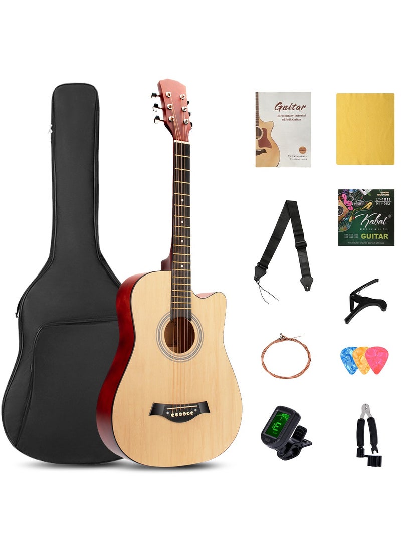 ShineDown ShineDown 38 inch Acoustic Guitar Natural in Full Size For Beginner All Wood Cutaway Starter Set with Free Bag Capo A Pack of Extra Strings Picks Strap  - Image 1
