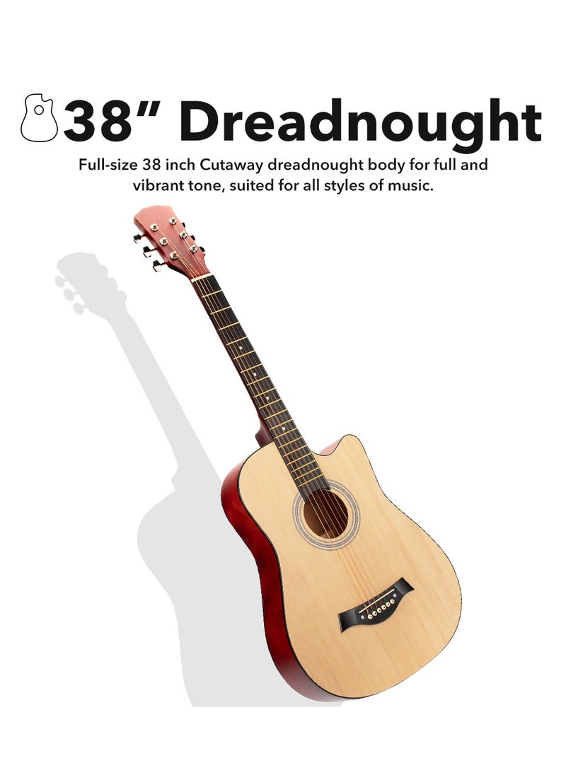 ShineDown ShineDown 38 inch Acoustic Guitar Natural in Full Size For Beginner All Wood Cutaway Starter Set with Free Bag Capo A Pack of Extra Strings Picks Strap  - Image 2