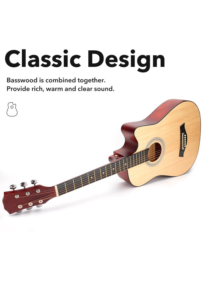 ShineDown ShineDown 38 inch Acoustic Guitar Natural in Full Size For Beginner All Wood Cutaway Starter Set with Free Bag Capo A Pack of Extra Strings Picks Strap  - Image 3