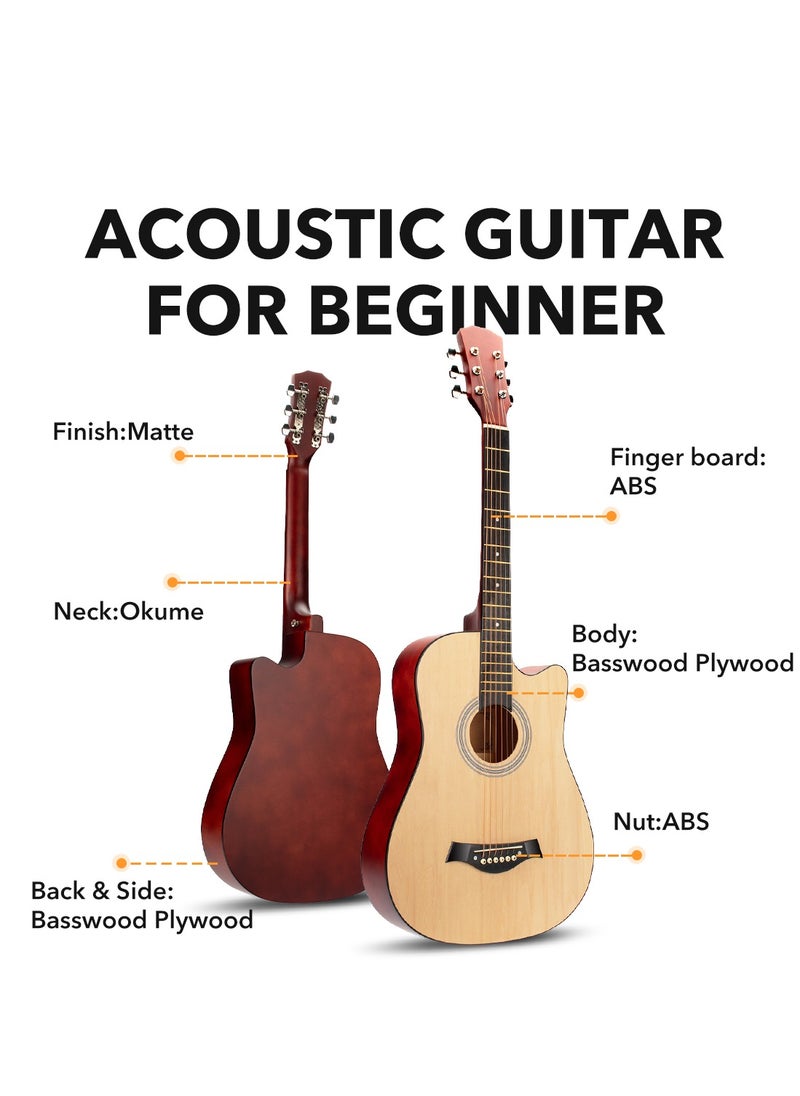 ShineDown ShineDown 38 inch Acoustic Guitar Natural in Full Size For Beginner All Wood Cutaway Starter Set with Free Bag Capo A Pack of Extra Strings Picks Strap  - Image 4